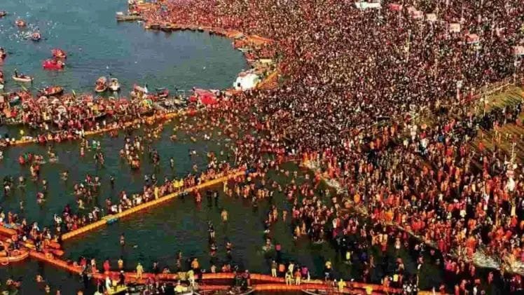 Maha Kumbh Mela 2025 in Prayagraj with devotees performing Amrit Snanam